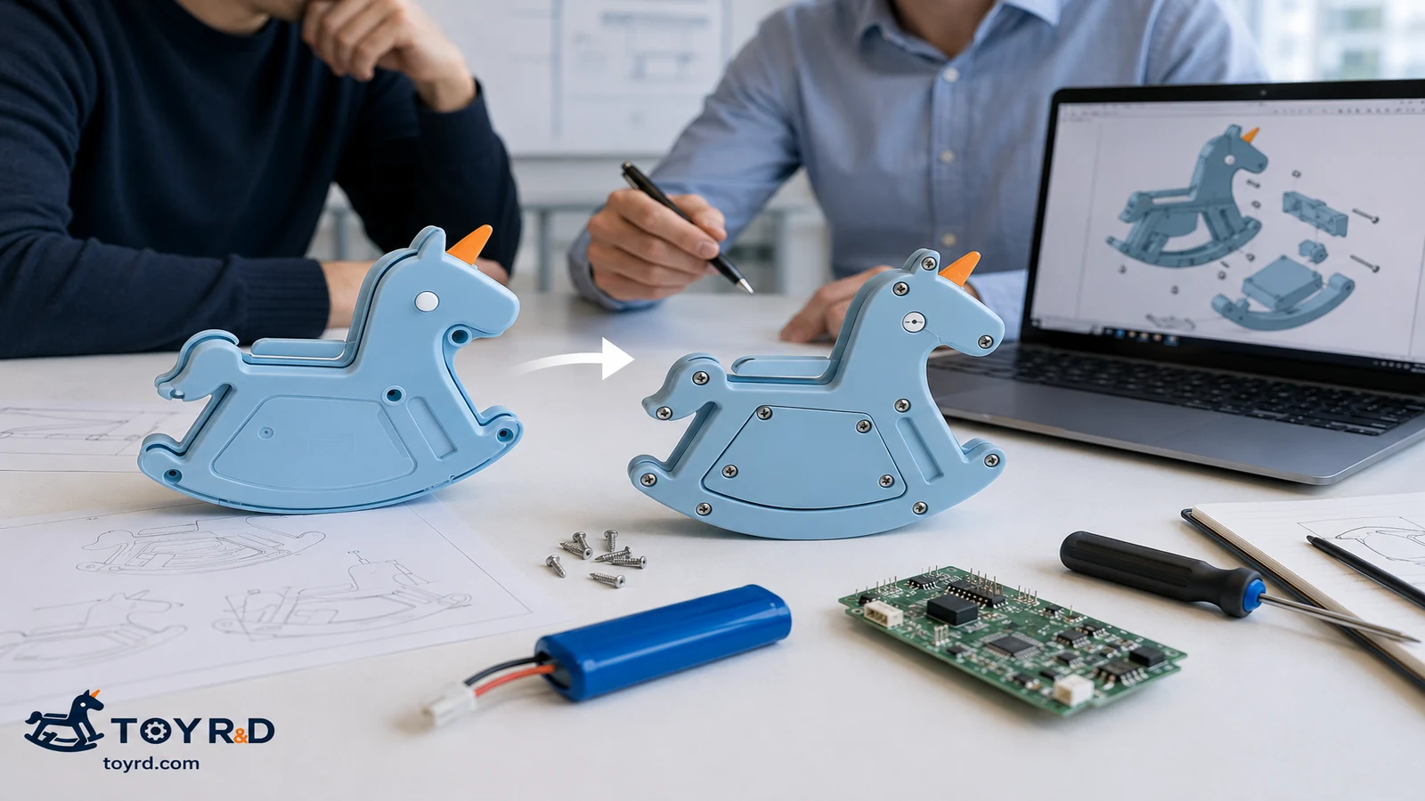 Rechargeable rocking toy enclosure showing the difference between a sealed housing and a screw-secured battery-service design.