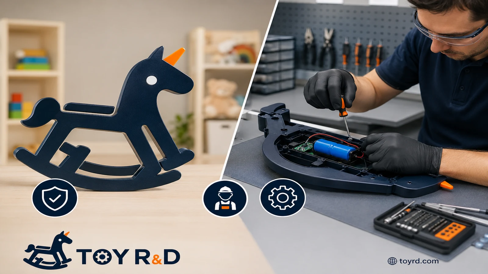 A toy designed for safe professional battery servicing, with the battery and internal electronics maintained by trained personnel.