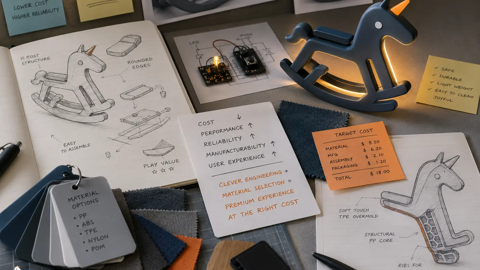 Toy design sketches, material samples, a lighting prototype, and cost notes showing how thoughtful engineering creates value at the right cost.