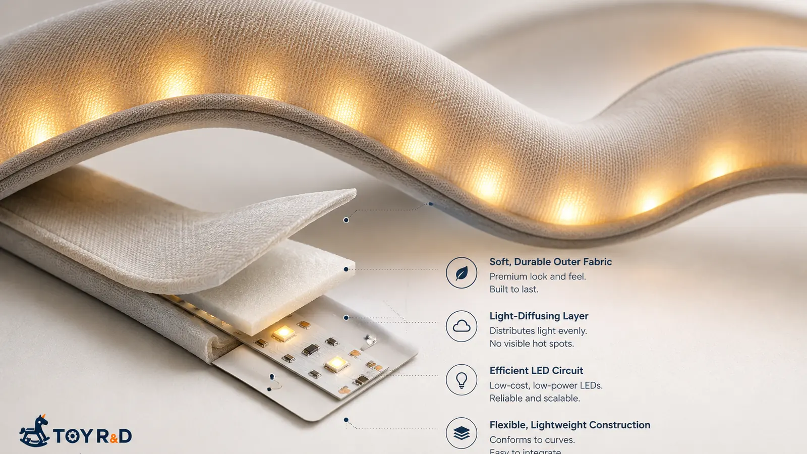 Soft textile structure opened to show a light-diffusing layer and low-cost LED circuit that create a flexible lighting effect.
