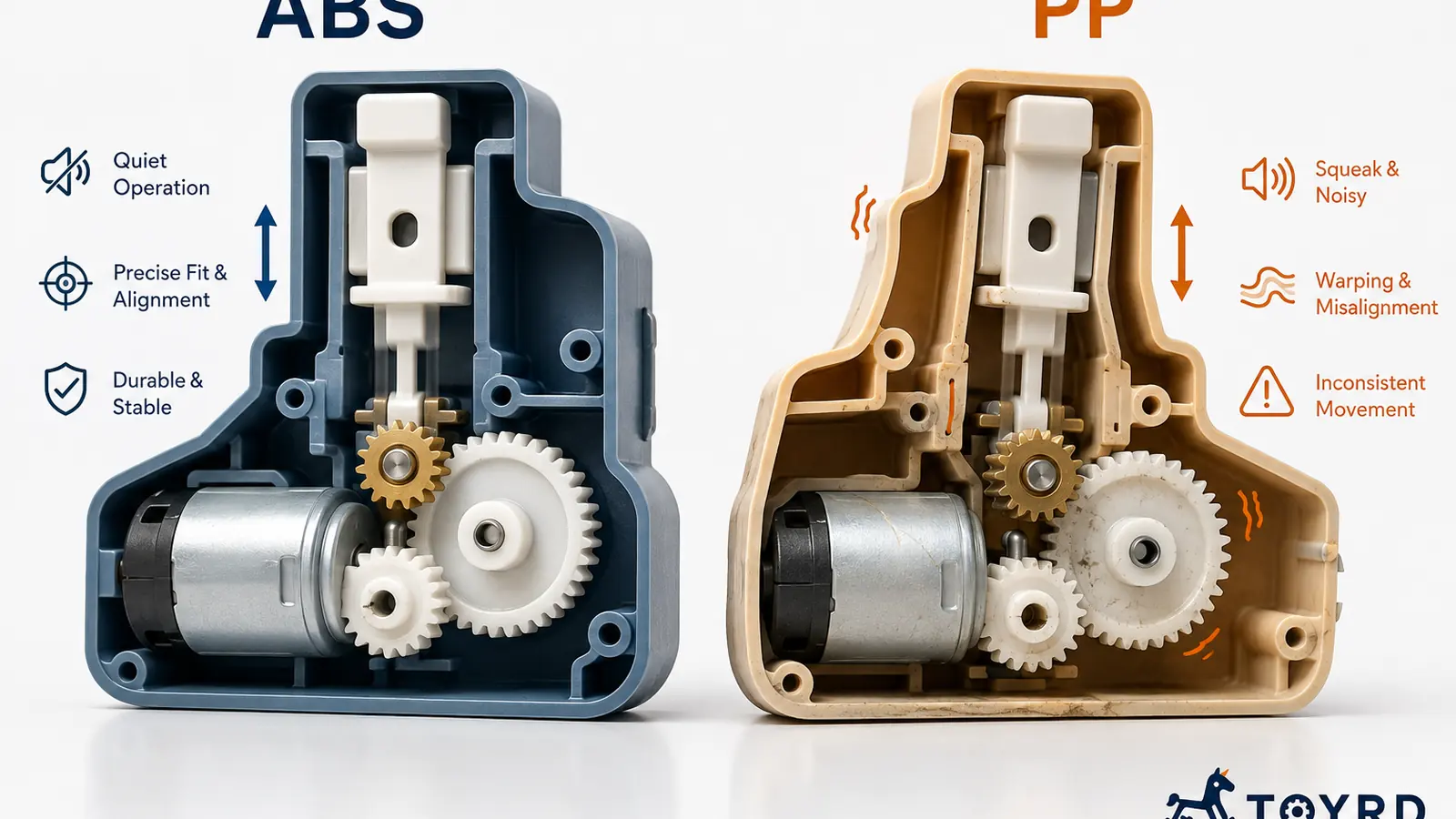 Comparison of ABS and PP housings for the same moving toy mechanism, showing the effects on noise, fit, alignment, and stability.