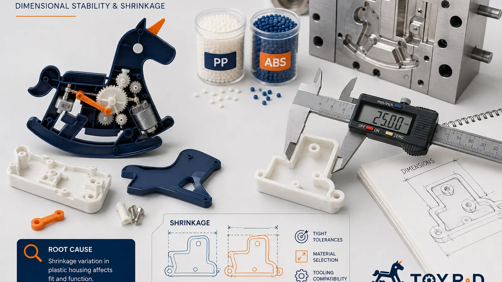 Moving toy mechanism components, ABS and PP materials, a mold, and measuring tools used to investigate shrinkage and dimensional stability.