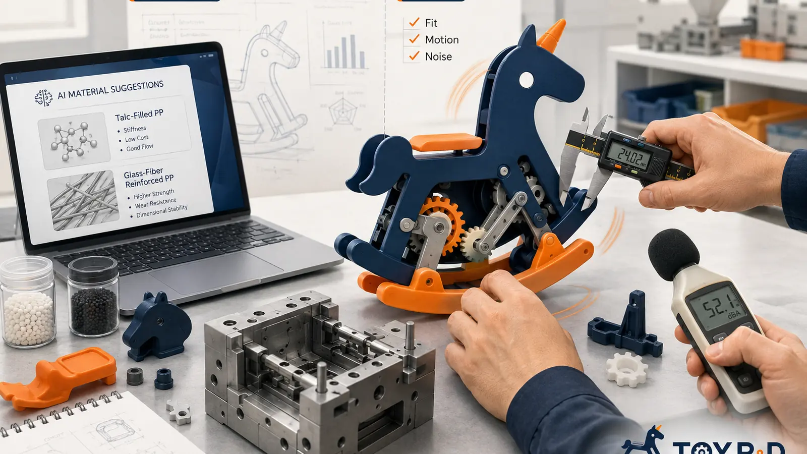 Moving toy mechanism being checked for fit, motion, and noise beside material suggestions, a mold, and measurement tools.