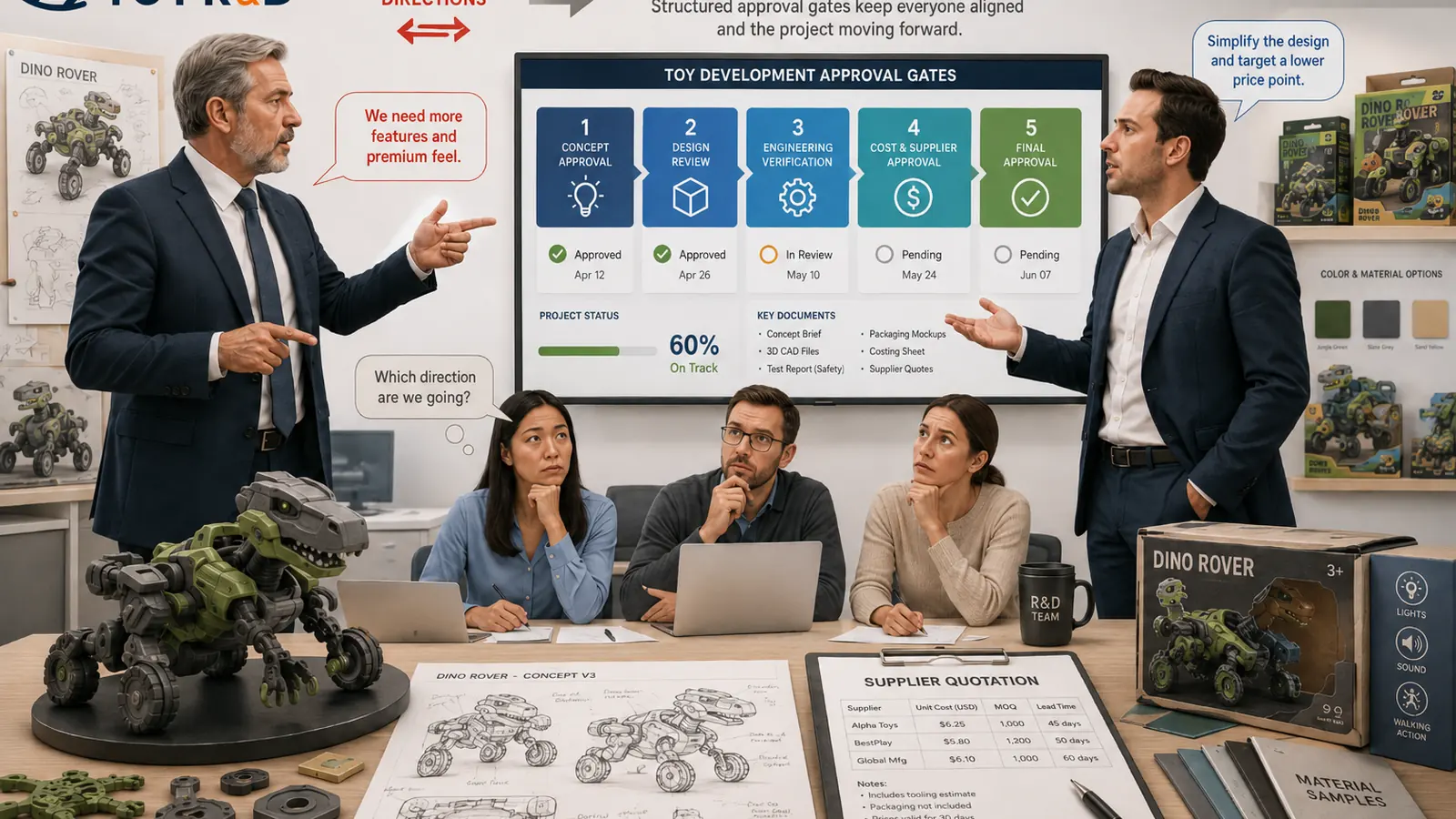 Toy development team using structured approval gates to resolve conflicting management direction and keep the project aligned.