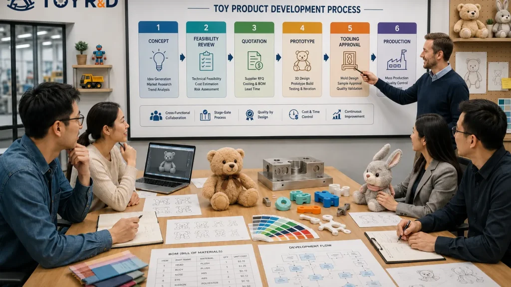 Team reviewing a six-stage toy product development process from concept and feasibility through tooling approval and production.