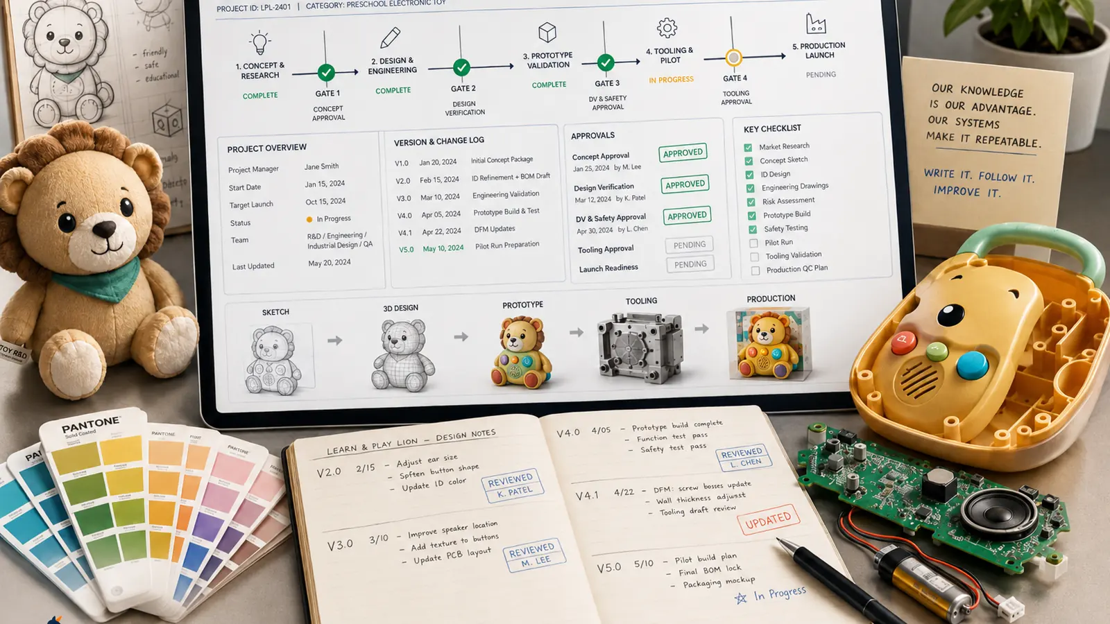 Toy development dashboard showing approval gates, version history, a checklist, and the progression from concept to production.