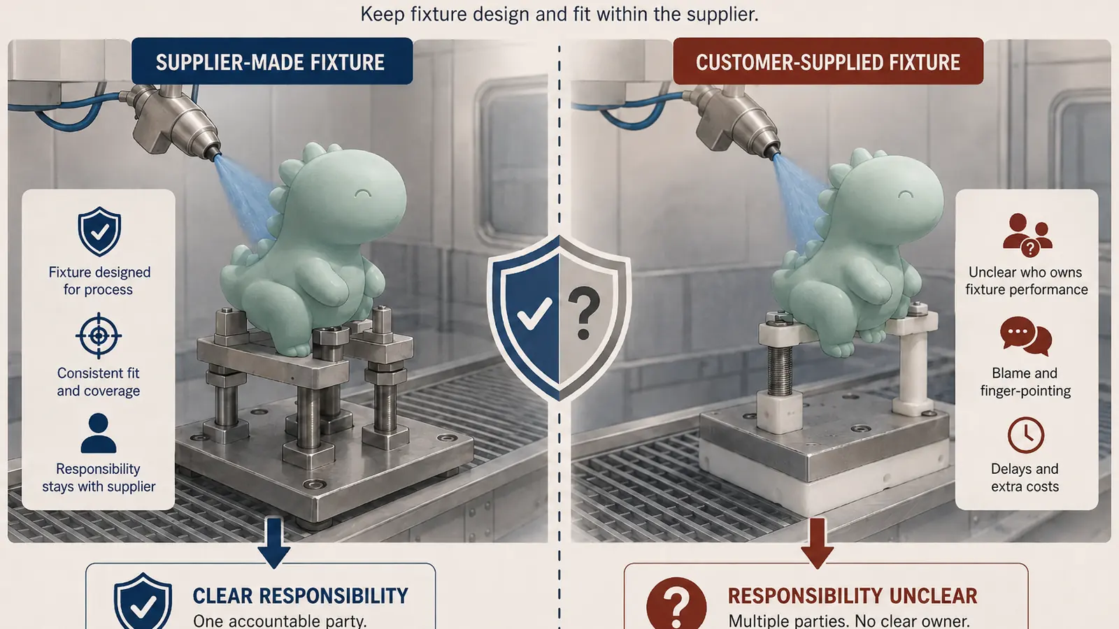 Comparison of a supplier-made fixture with a customer-supplied fixture, showing why process responsibility should stay clear.