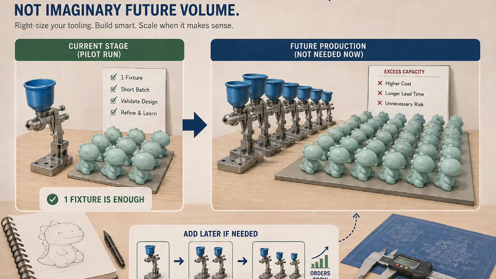 Comparison showing one fixture for a pilot run and more fixtures only when future volume requires them.