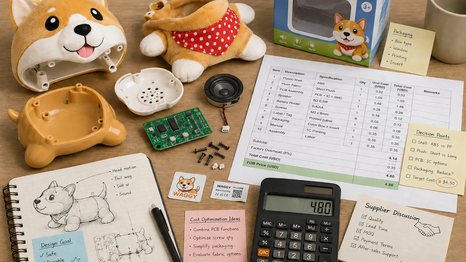 Toy components, cost sheet, calculator, packaging notes, and product sketch used to review toy development cost.