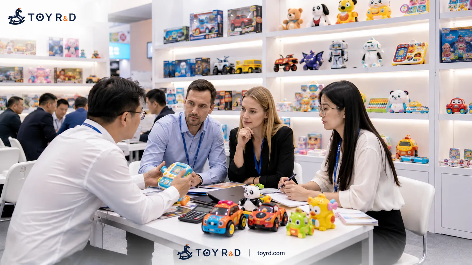 Global toy buyers discussing product samples with a supplier at a toy trade meeting