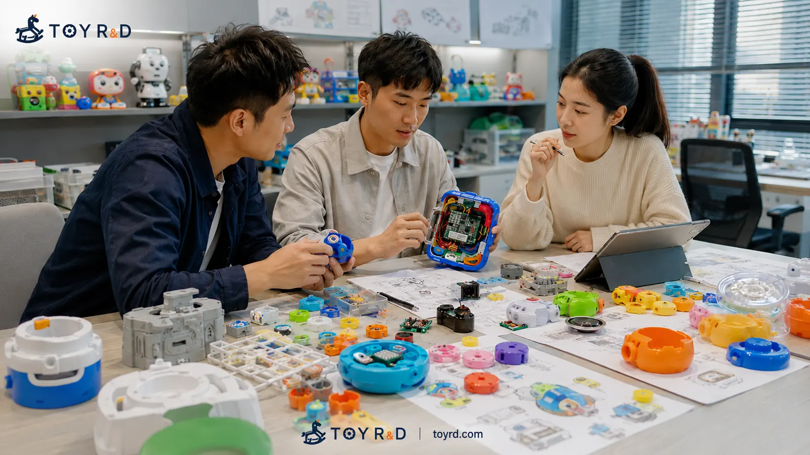 Toy development engineers reviewing an electronic toy prototype and components