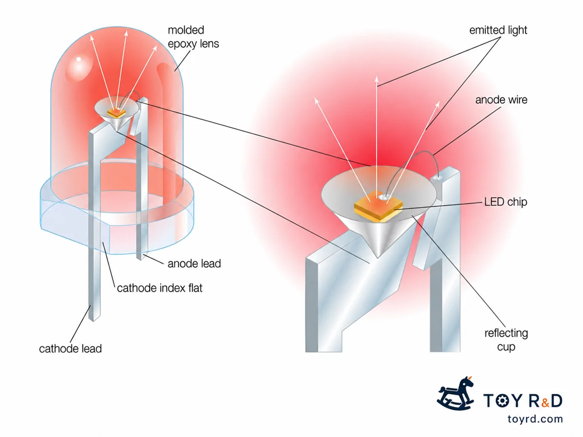 Diagram of a through-hole LED showing the chip, reflector cup, lens and leads