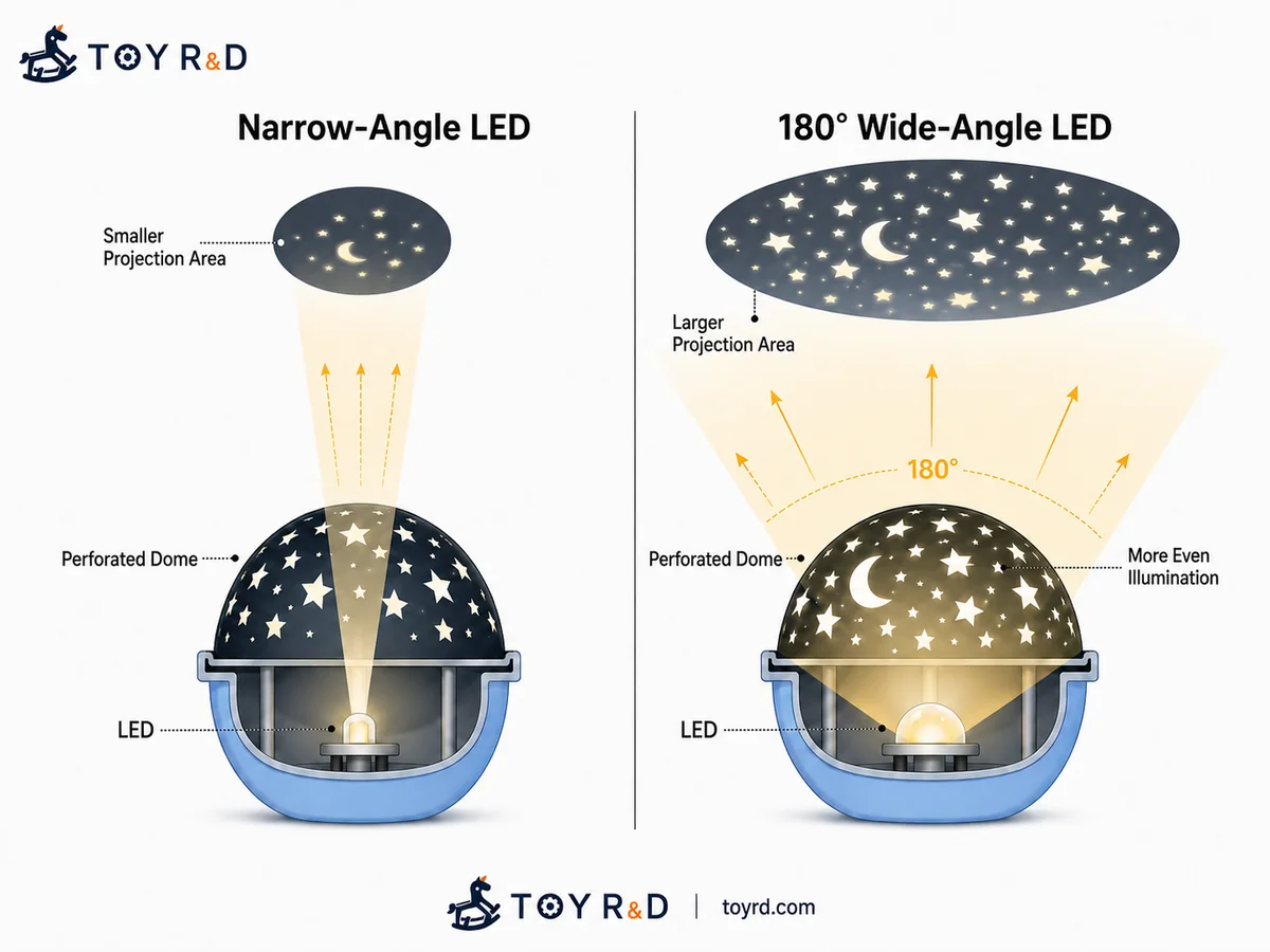 Diagram comparing narrow-angle and 180-degree wide-angle LEDs in a star-projector toy