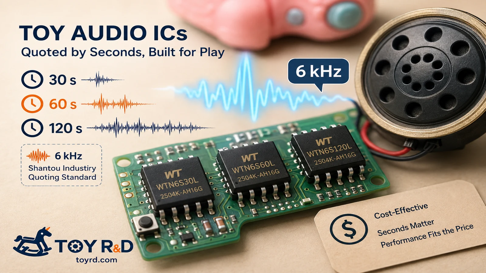 Toy audio ICs, a speaker, and waveform examples used to explain 6 kHz audio-duration quotations.