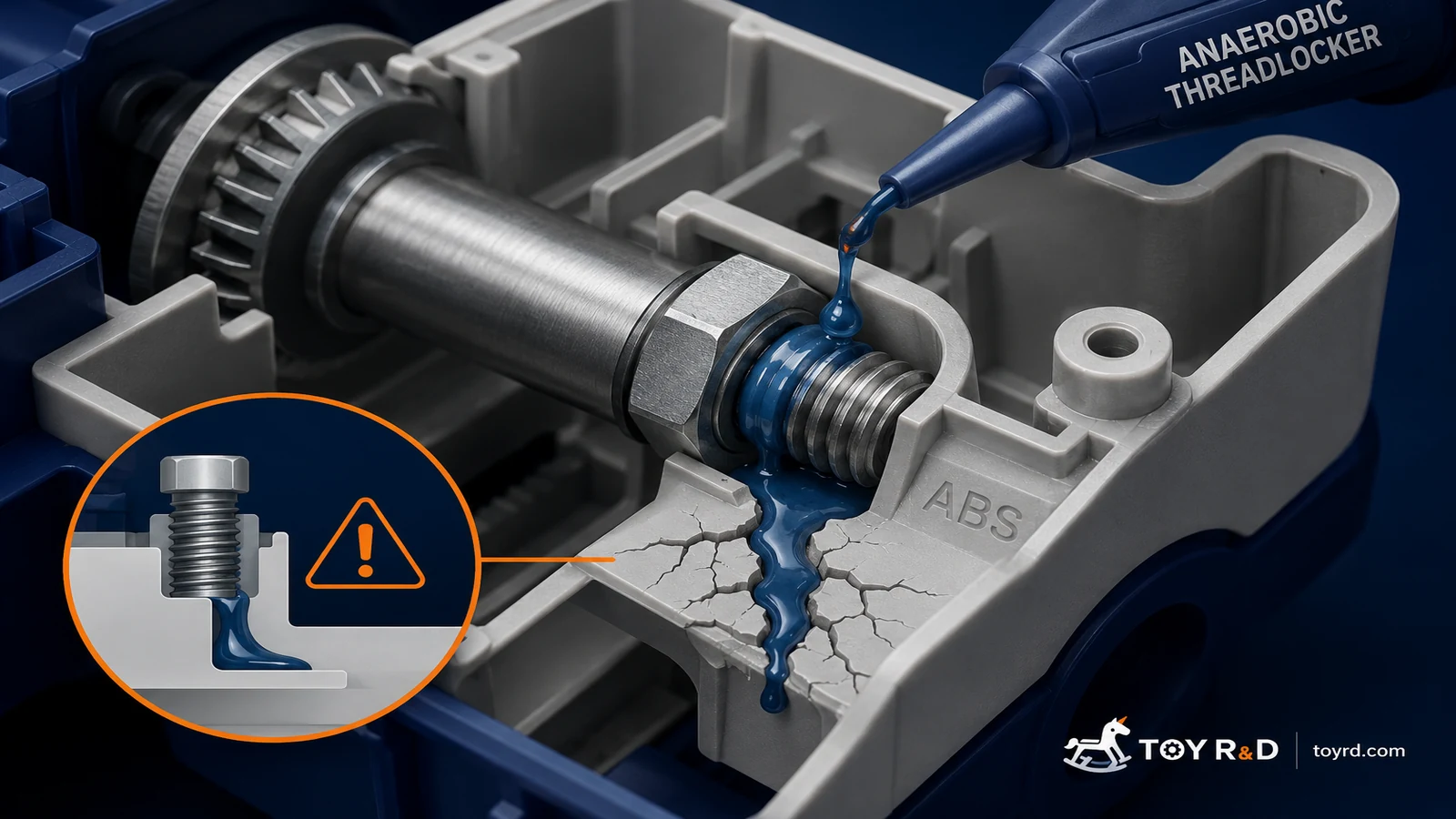 Anaerobic threadlocker applied beside an ABS toy-mechanism housing, showing the stress-cracking risk.