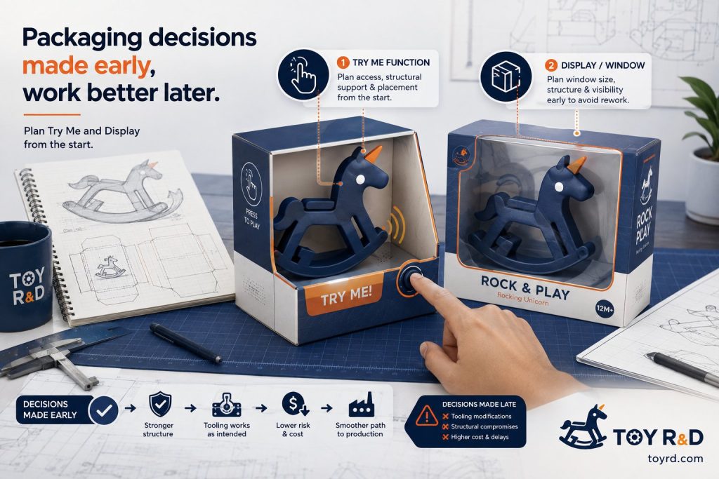 Toy packaging planning with a try-me feature, display window, and packaging fasteners.