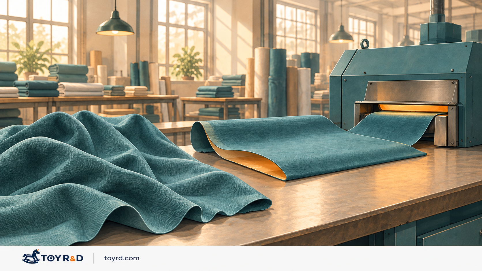 Concept illustration of soft fabric being pre-coated with adhesive to add stiffness before feeding into a glue-coating machine.