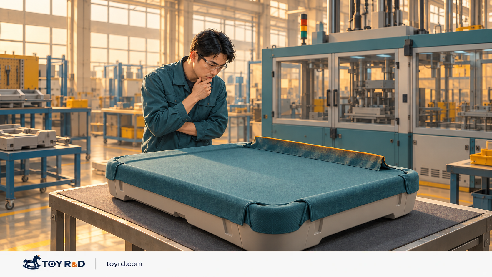 Concept illustration of an engineer checking a fabric edge that remains raised and never folds over during the process.